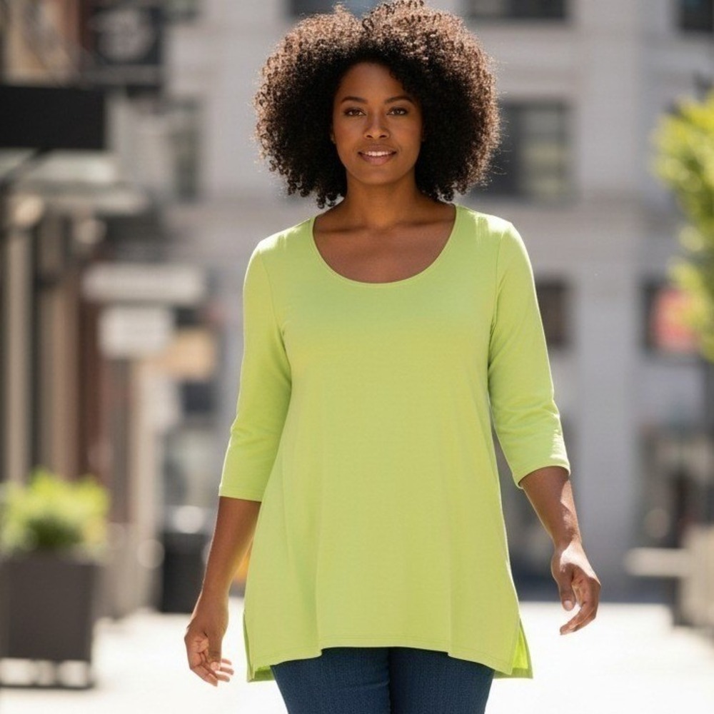 Slinky Brand Lime Green 3/4 Sleeve Scoop Neck Tunic Top Size L